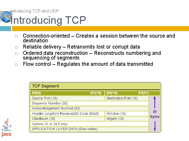 Introducing TCP and UDP Introducing TCP Connection-oriented – Creates a session between the source