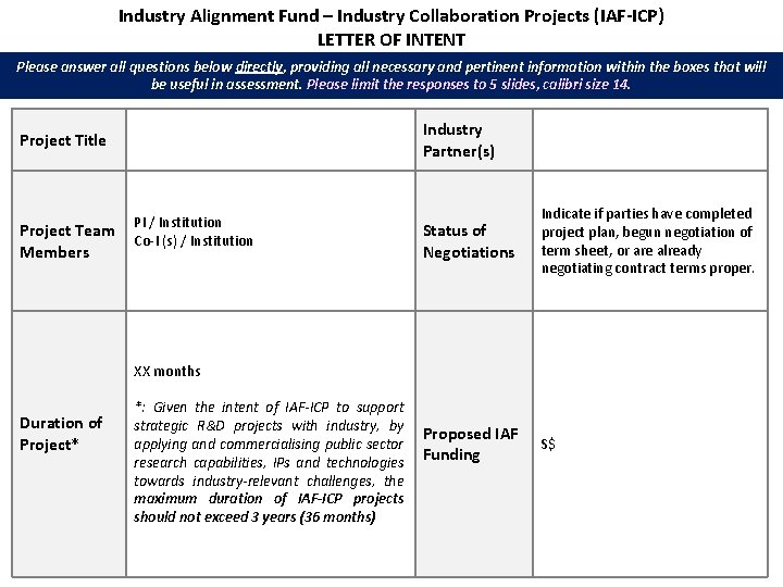 Industry Alignment Fund – Industry Collaboration Projects (IAF-ICP) LETTER OF INTENT Please answer all