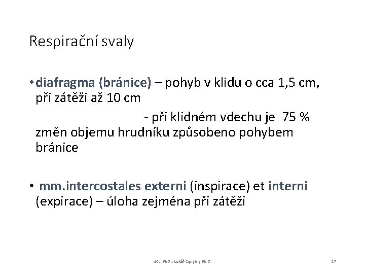 Respirační svaly • diafragma (bránice) – pohyb v klidu o cca 1, 5 cm,