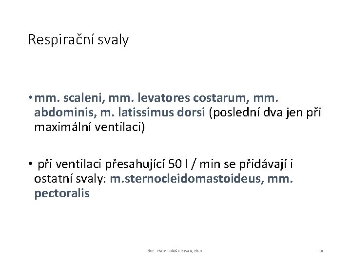 Respirační svaly • mm. scaleni, mm. levatores costarum, mm. abdominis, m. latissimus dorsi (poslední