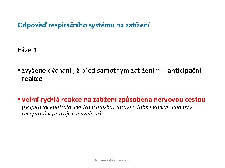 Odpověď respiračního systému na zatížení Fáze 1 • zvýšené dýchání již před samotným zatížením