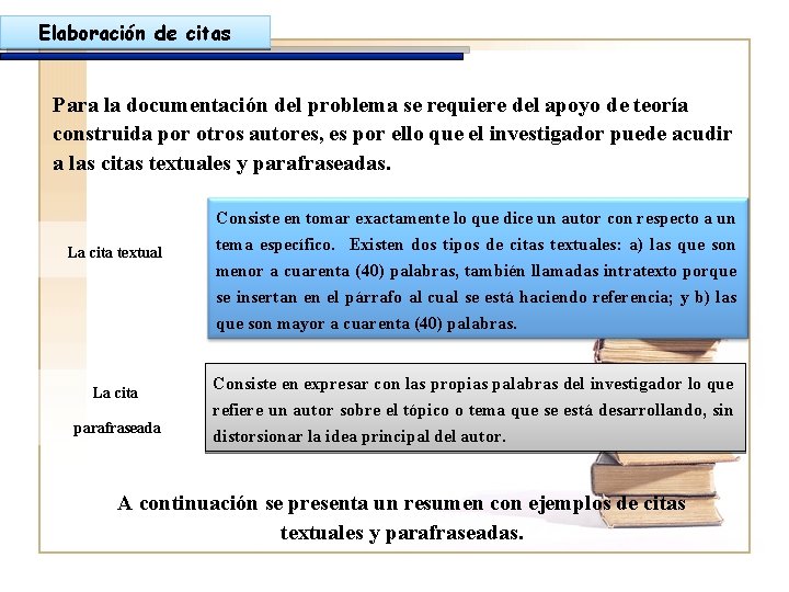 Elaboración de citas Para la documentación del problema se requiere del apoyo de teoría