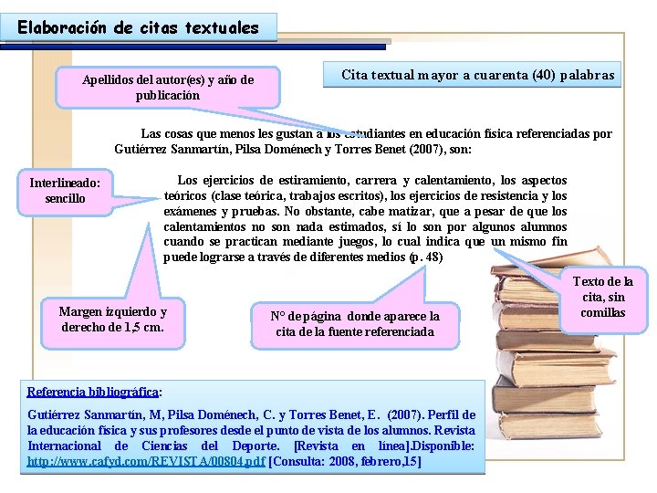 Elaboración de citas textuales Apellidos del autor(es) y año de publicación Cita textual mayor