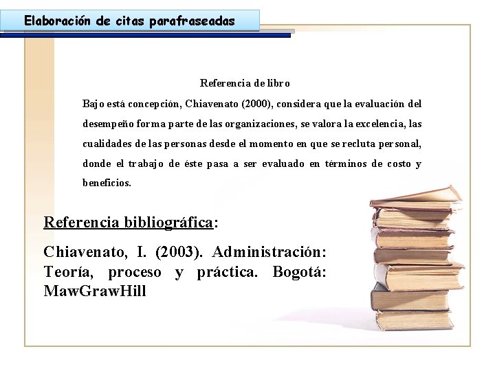 Elaboración de citas parafraseadas Referencia de libro Bajo está concepción, Chiavenato (2000), considera que