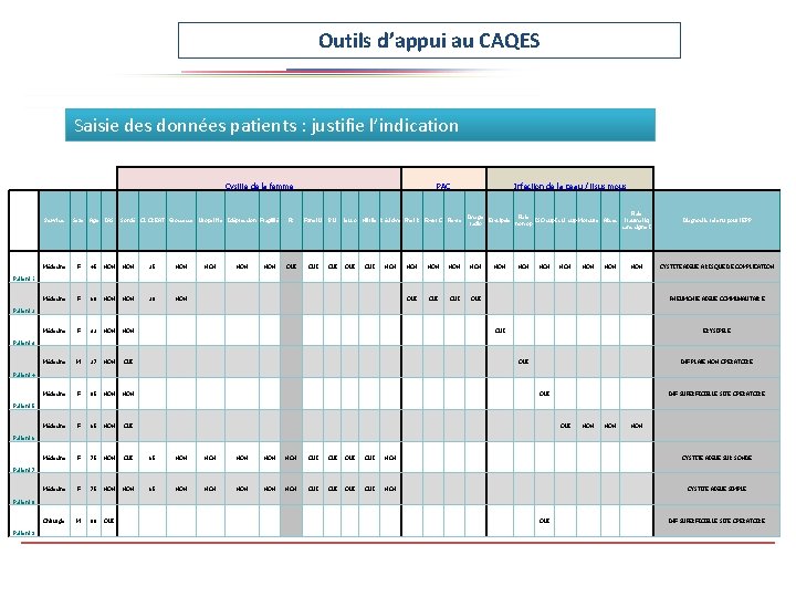 Outils d’appui au CAQES Saisie des données patients : justifie l’indication Cystite de la