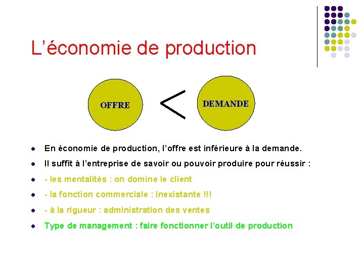 L’économie de production OFFRE DEMANDE l En économie de production, l’offre est inférieure à