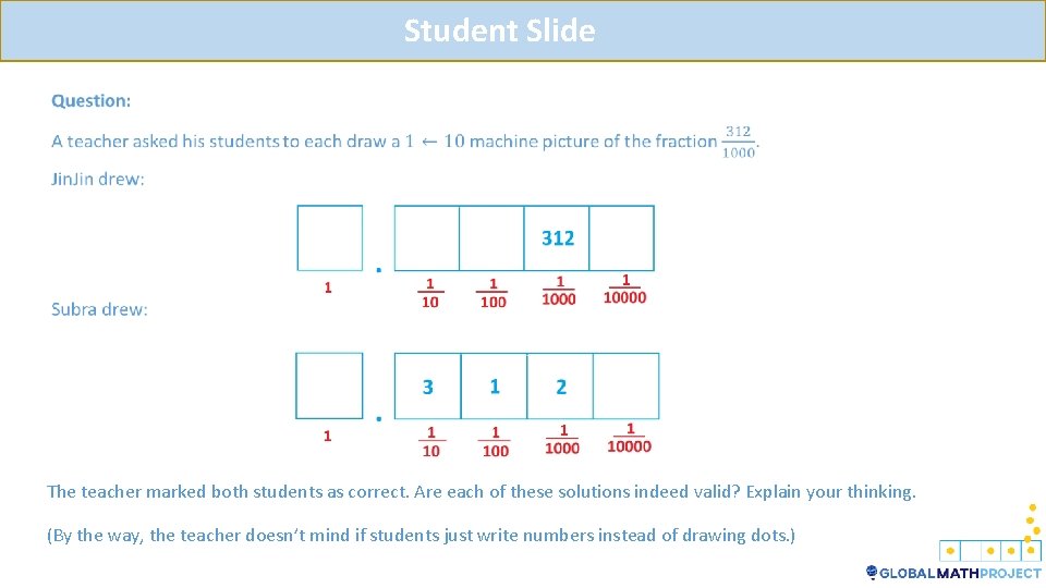 Student Slide The teacher marked both students as correct. Are each of these solutions