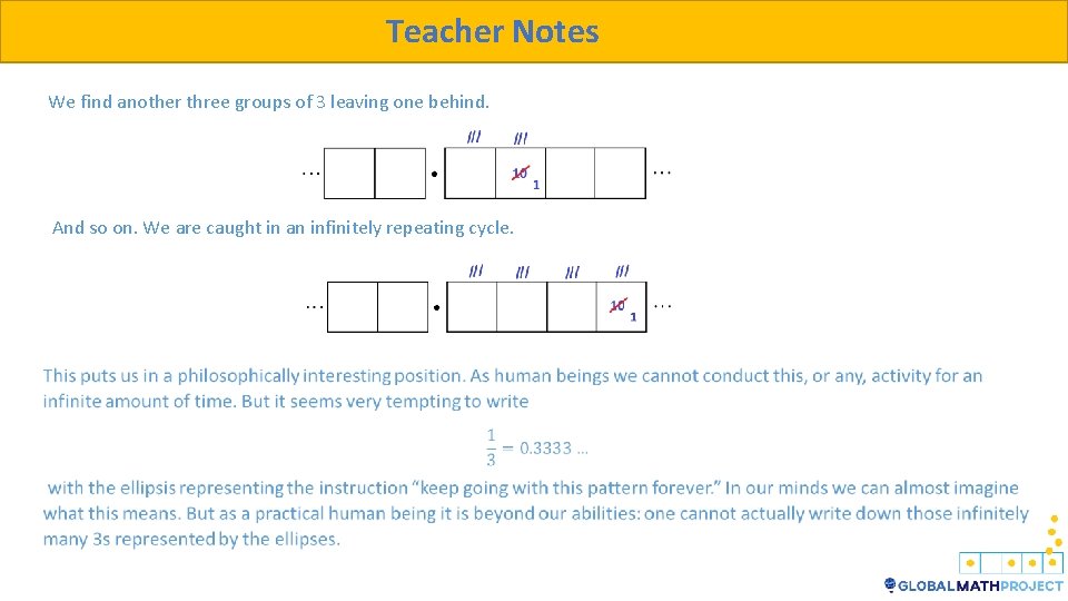 Teacher Notes We find another three groups of 3 leaving one behind. And so