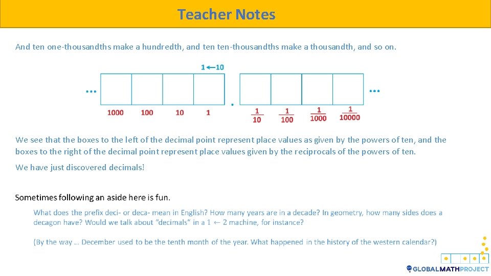 Teacher Notes And ten one-thousandths make a hundredth, and ten-thousandths make a thousandth, and