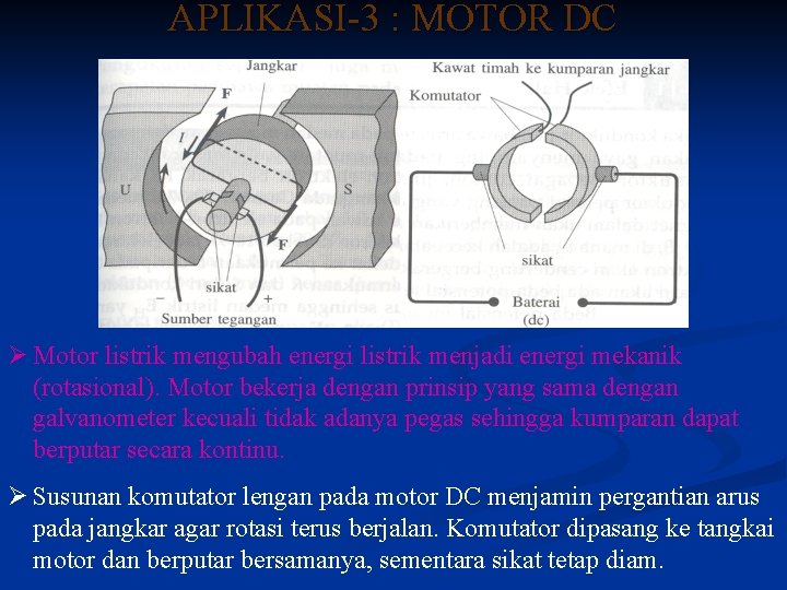 APLIKASI-3 : MOTOR DC Ø Motor listrik mengubah energi listrik menjadi energi mekanik (rotasional).