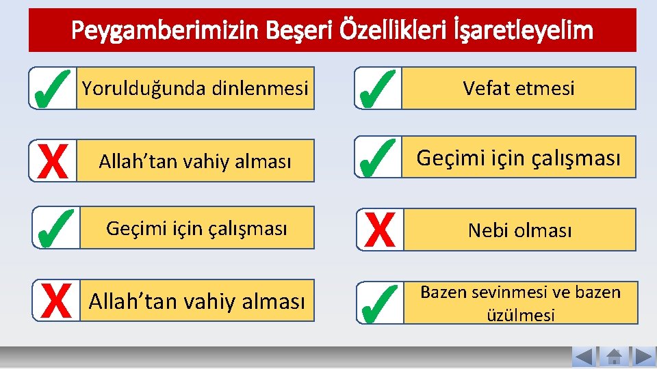 Peygamberimizin Beşeri Özellikleri İşaretleyelim ✓ Yorulduğunda dinlenmesi X Allah’tan vahiy alması ✓ Geçimi için