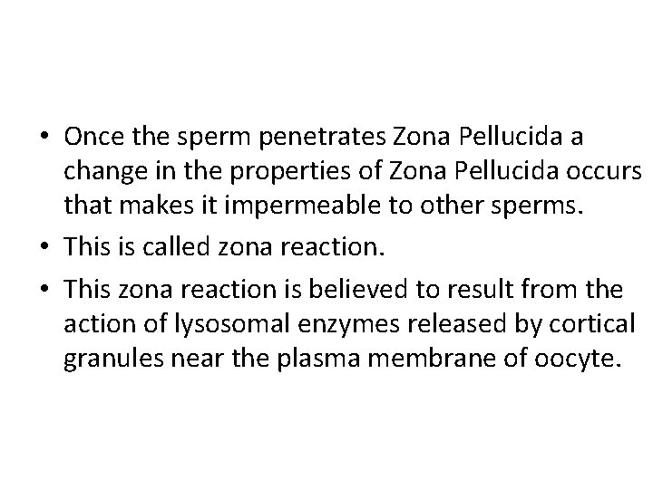  • Once the sperm penetrates Zona Pellucida a change in the properties of