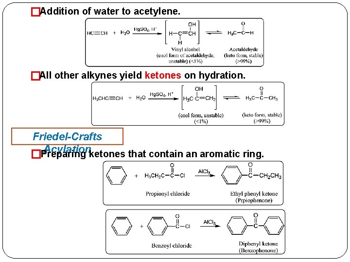 �Addition of water to acetylene. �All other alkynes yield ketones on hydration. Friedel-Crafts Acylationketones