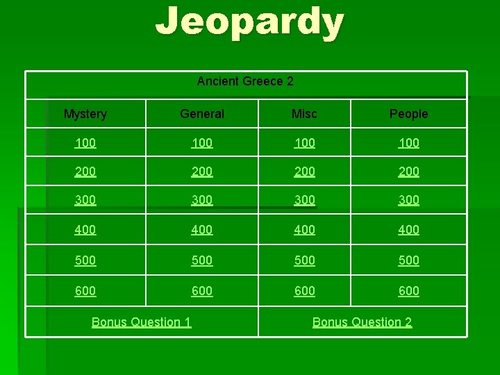 Jeopardy Ancient Greece 2 Mystery General Misc People 100 100 200 200 300 300