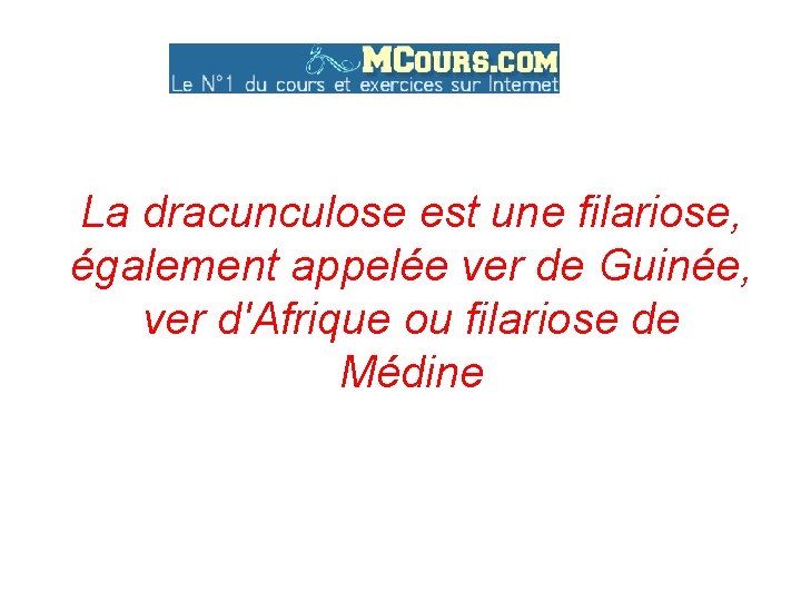 La dracunculose est une filariose, également appelée ver de Guinée, ver d'Afrique ou filariose