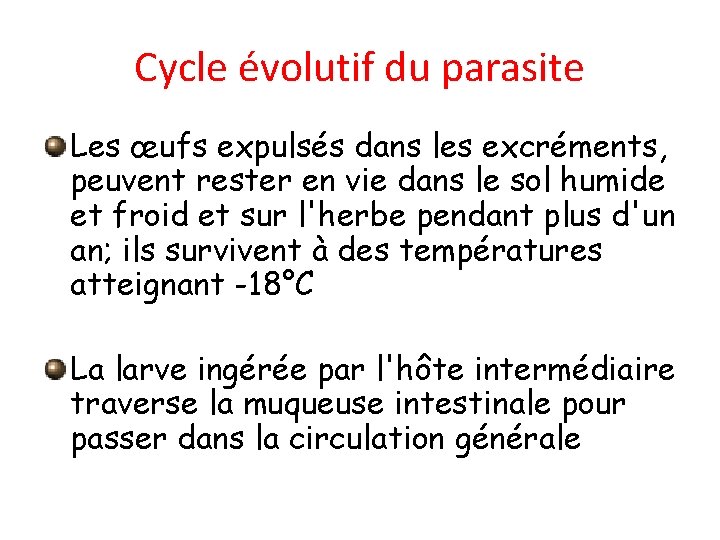 Cycle évolutif du parasite Les œufs expulsés dans les excréments, peuvent rester en vie