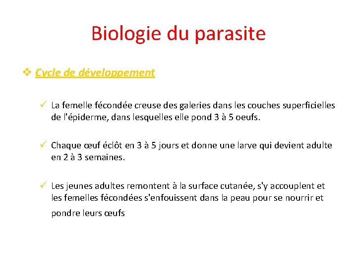 Biologie du parasite v Cycle de développement ü La femelle fécondée creuse des galeries