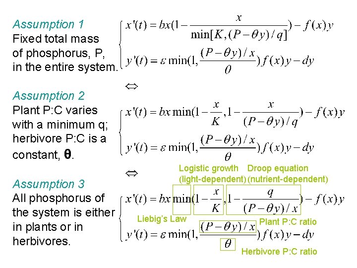 Assumption 1 Fixed total mass of phosphorus, P, in the entire system. Assumption 2