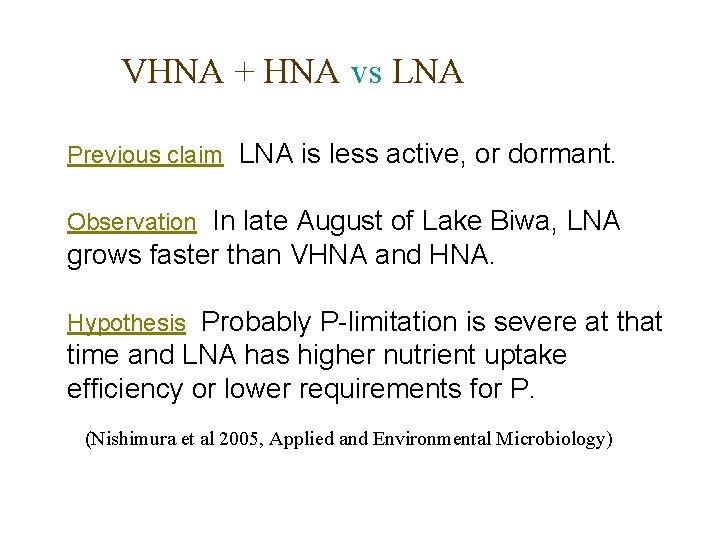 VHNA + HNA vs LNA Previous claim LNA is less active, or dormant. Observation