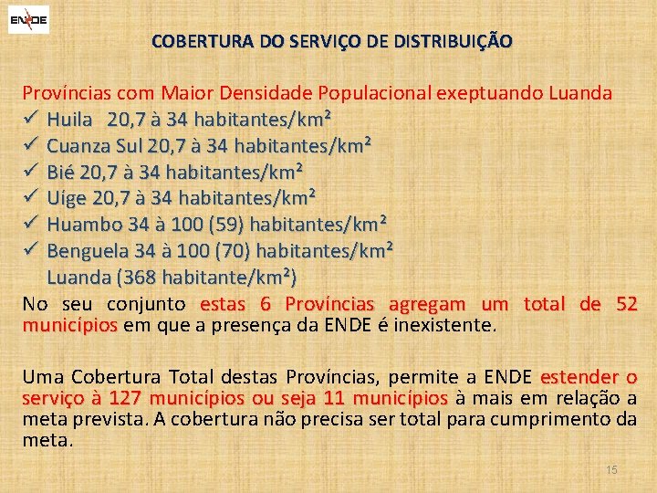 COBERTURA DO SERVIÇO DE DISTRIBUIÇÃO Províncias com Maior Densidade Populacional exeptuando Luanda ü Huila