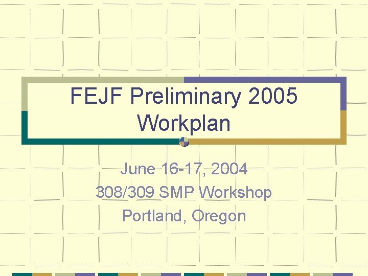 FEJF Preliminary 2005 Workplan June 16 -17, 2004 308/309 SMP Workshop Portland, Oregon 