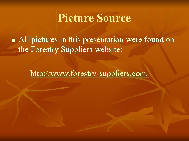 Picture Source n All pictures in this presentation were found on the Forestry Suppliers