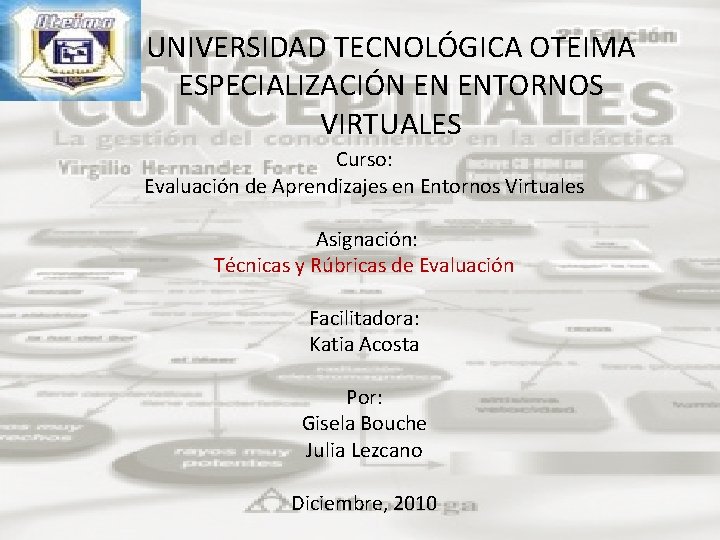 UNIVERSIDAD TECNOLÓGICA OTEIMA ESPECIALIZACIÓN EN ENTORNOS VIRTUALES Curso: Evaluación de Aprendizajes en Entornos Virtuales