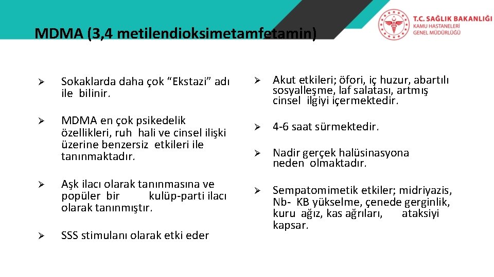 MDMA (3, 4 metilendioksimetamfetamin) Ø Sokaklarda daha çok “Ekstazi” adı ile bilinir. Ø MDMA