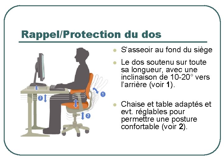 Rappel/Protection du dos l S’asseoir au fond du siège l Le dos soutenu sur