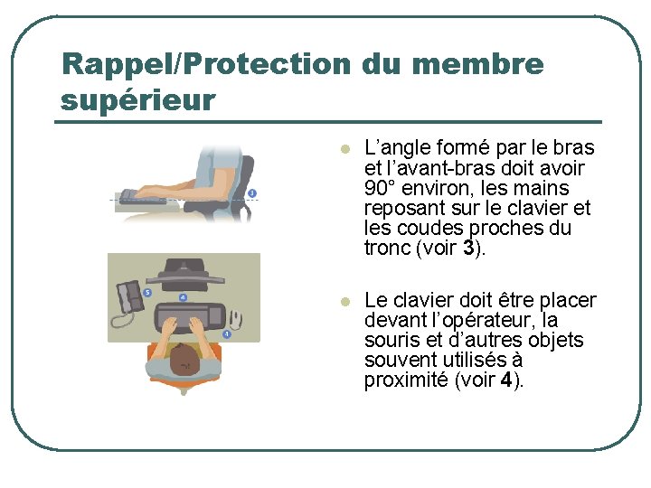 Rappel/Protection du membre supérieur l L’angle formé par le bras et l’avant-bras doit avoir