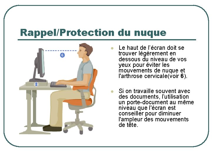 Rappel/Protection du nuque l Le haut de l’écran doit se trouver légèrement en dessous