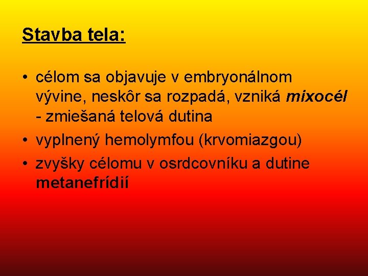 Stavba tela: • célom sa objavuje v embryonálnom vývine, neskôr sa rozpadá, vzniká mixocél