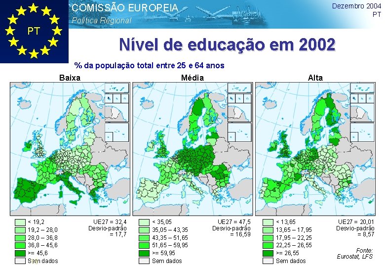 Dezembro 2004 PT COMISSÃO EUROPEIA Política Regional PT Nível de educação em 2002 %