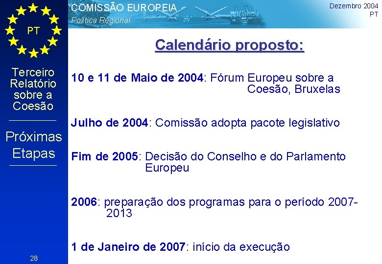 COMISSÃO EUROPEIA Política Regional Dezembro 2004 PT PT Calendário proposto: Terceiro Relatório sobre a