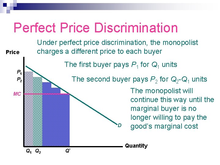 Perfect Price Discrimination Price Under perfect price discrimination, the monopolist charges a different price