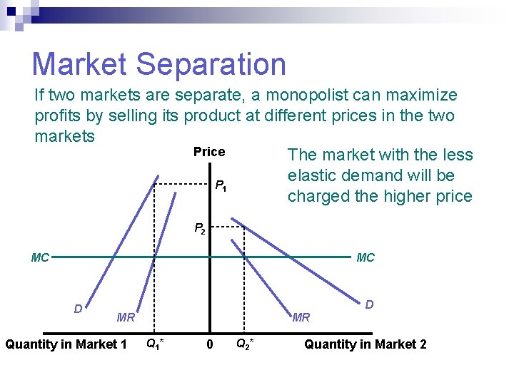 Market Separation If two markets are separate, a monopolist can maximize profits by selling