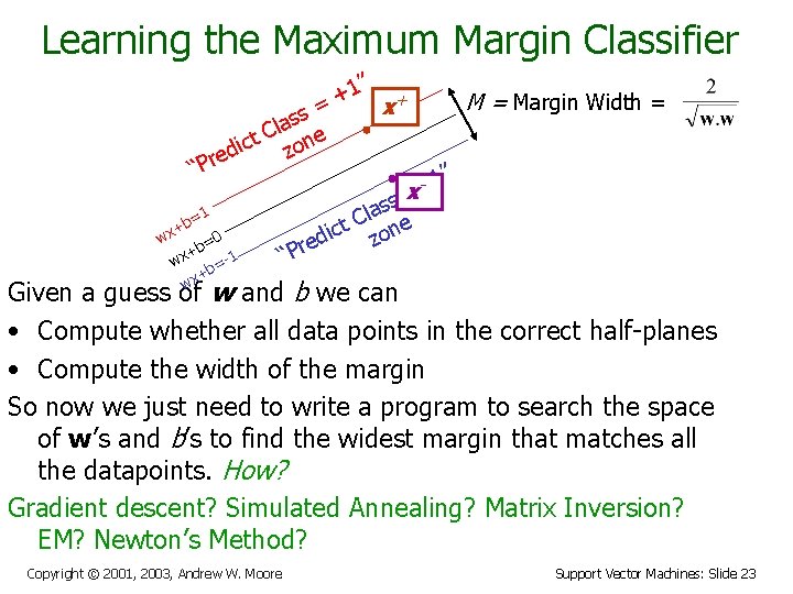 Learning the Maximum Margin Classifier 1” + + M = Margin Width = =