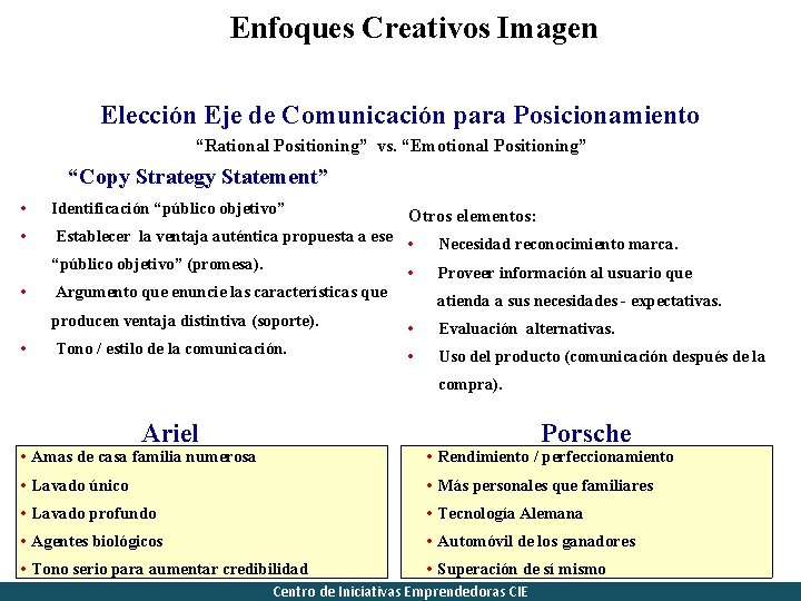Enfoques Creativos Imagen Elección Eje de Comunicación para Posicionamiento “Rational Positioning” vs. “Emotional Positioning”