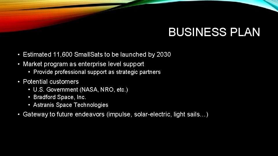 BUSINESS PLAN • Estimated 11, 600 Small. Sats to be launched by 2030 •