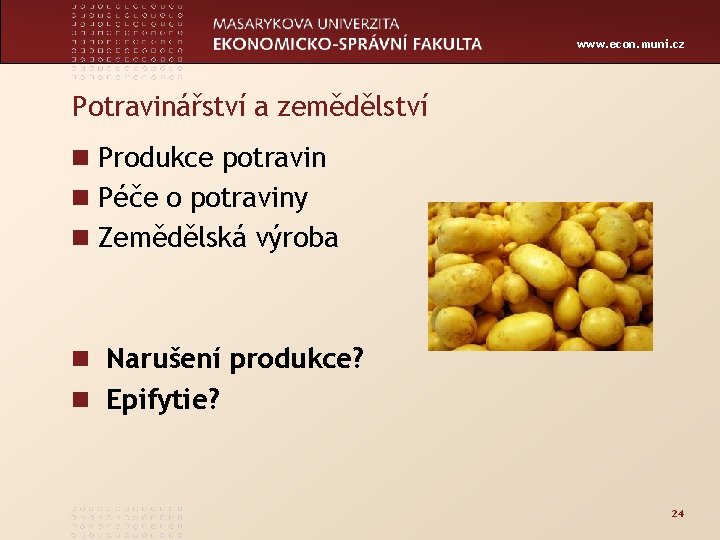 www. econ. muni. cz Potravinářství a zemědělství n Produkce potravin n Péče o potraviny