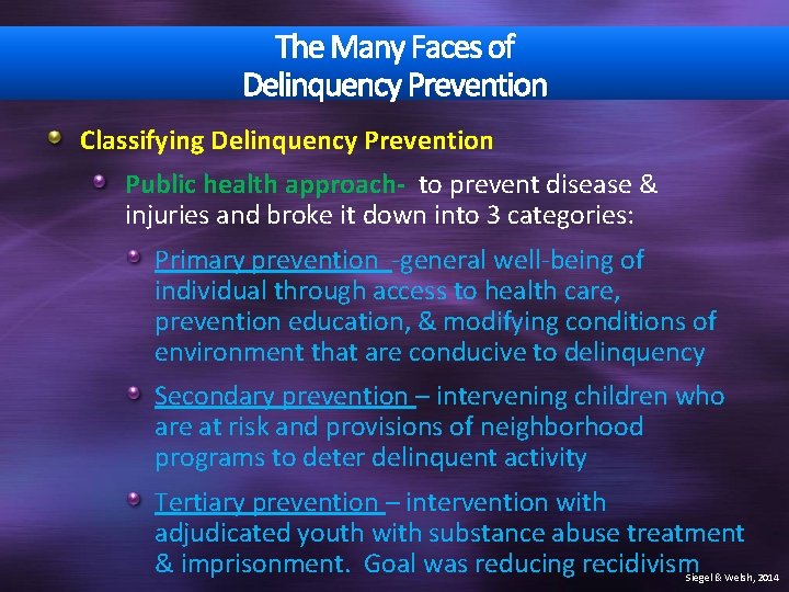 The Many Faces of Delinquency Prevention Classifying Delinquency Prevention Public health approach- to prevent