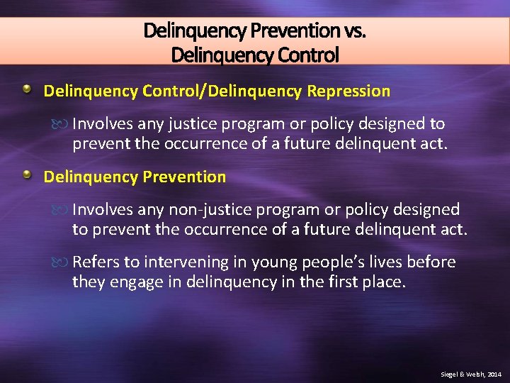 Delinquency Prevention vs. Delinquency Control/Delinquency Repression Involves any justice program or policy designed to