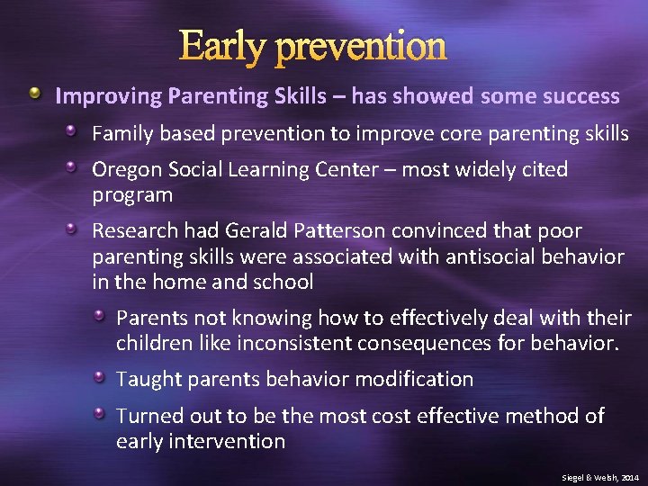 Early prevention Improving Parenting Skills – has showed some success Family based prevention to