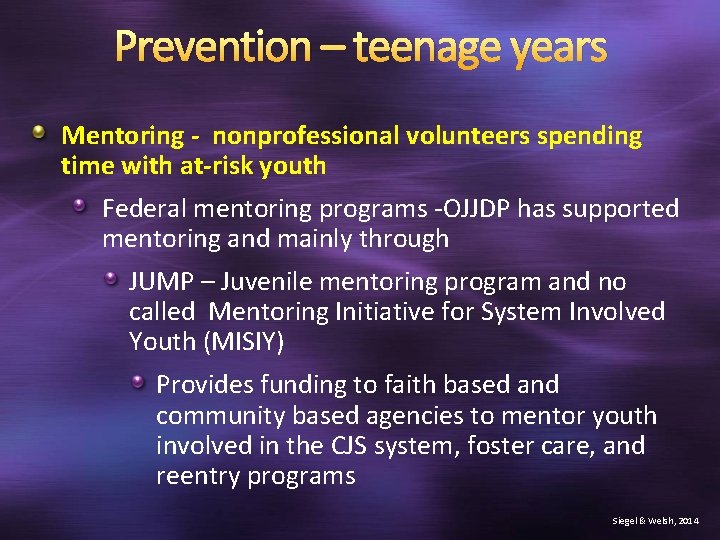 Prevention – teenage years Mentoring - nonprofessional volunteers spending time with at-risk youth Federal