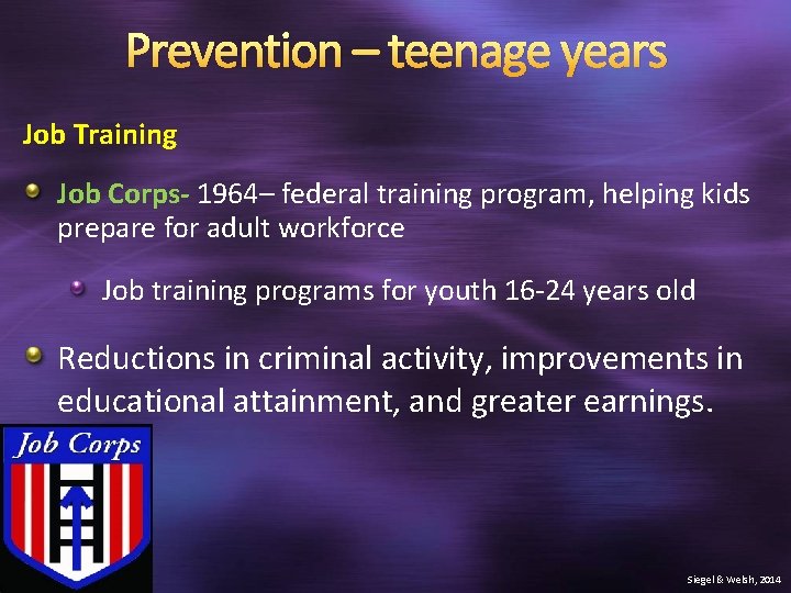 Prevention – teenage years Job Training Job Corps- 1964– federal training program, helping kids