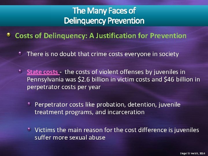 The Many Faces of Delinquency Prevention Costs of Delinquency: A Justification for Prevention There