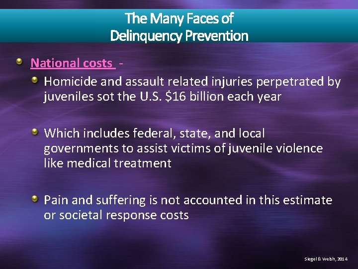 The Many Faces of Delinquency Prevention National costs Homicide and assault related injuries perpetrated