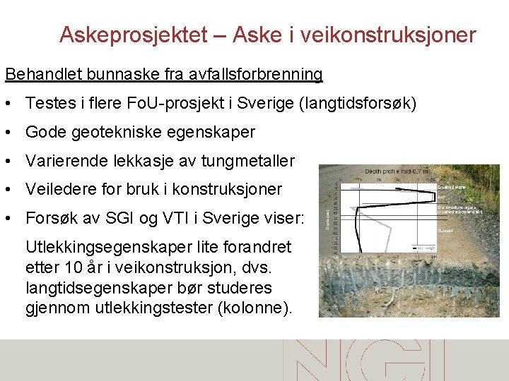 Askeprosjektet – Aske i veikonstruksjoner Behandlet bunnaske fra avfallsforbrenning • Testes i flere Fo.