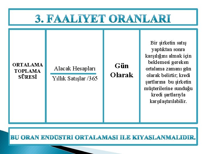 ORTALAMA TOPLAMA SÜRESİ Alacak Hesapları Yıllık Satışlar /365 Gün Olarak Bir şirketin satış yaptıktan