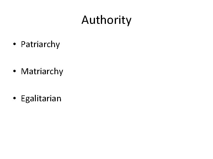 Authority • Patriarchy • Matriarchy • Egalitarian 